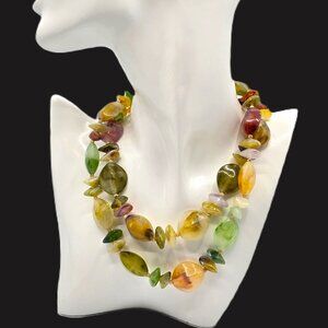 Handcrafted Multicolored Beaded Faux Quartz Necklace 32" Long Earth Tones